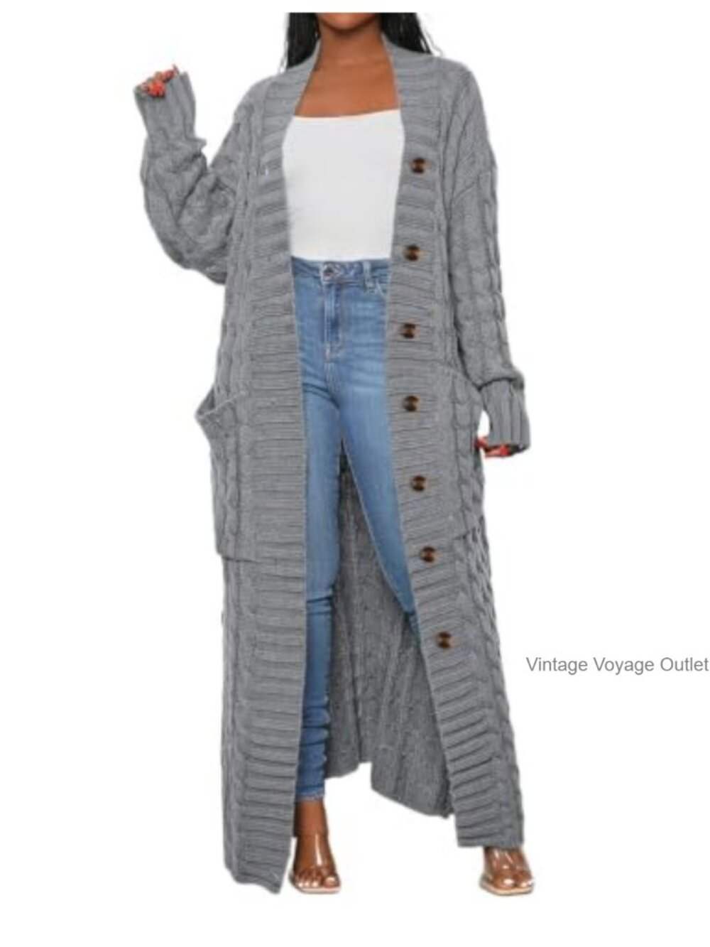 Womens Chunky Cable Knit Long Cardigan Sweater with Buttons & Pockets